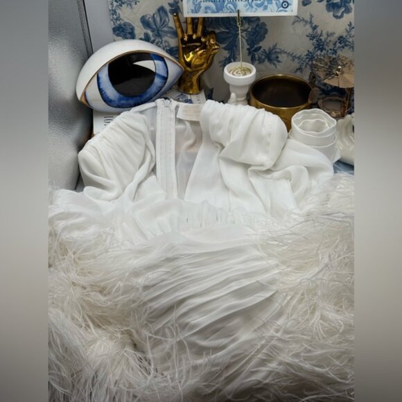 🆕 BRONX & BANCO 🧿 NWOT Geisha Blanc Feather-Trim Maxi Dress, White - Sz S US 4 - Picture 12 of 14